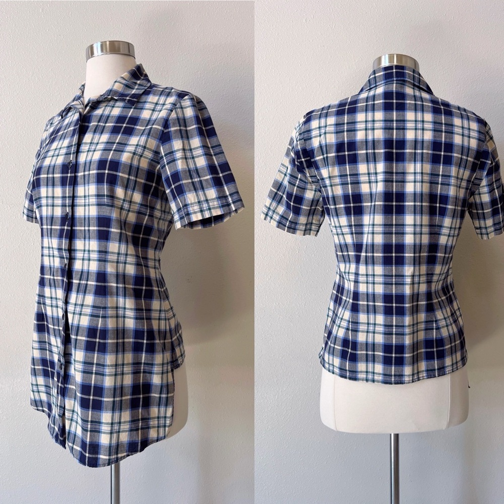 Vintage Laura Ashley UK Plaid Button Up Shirt 6 High Low Hem Short Sleeve Tunic